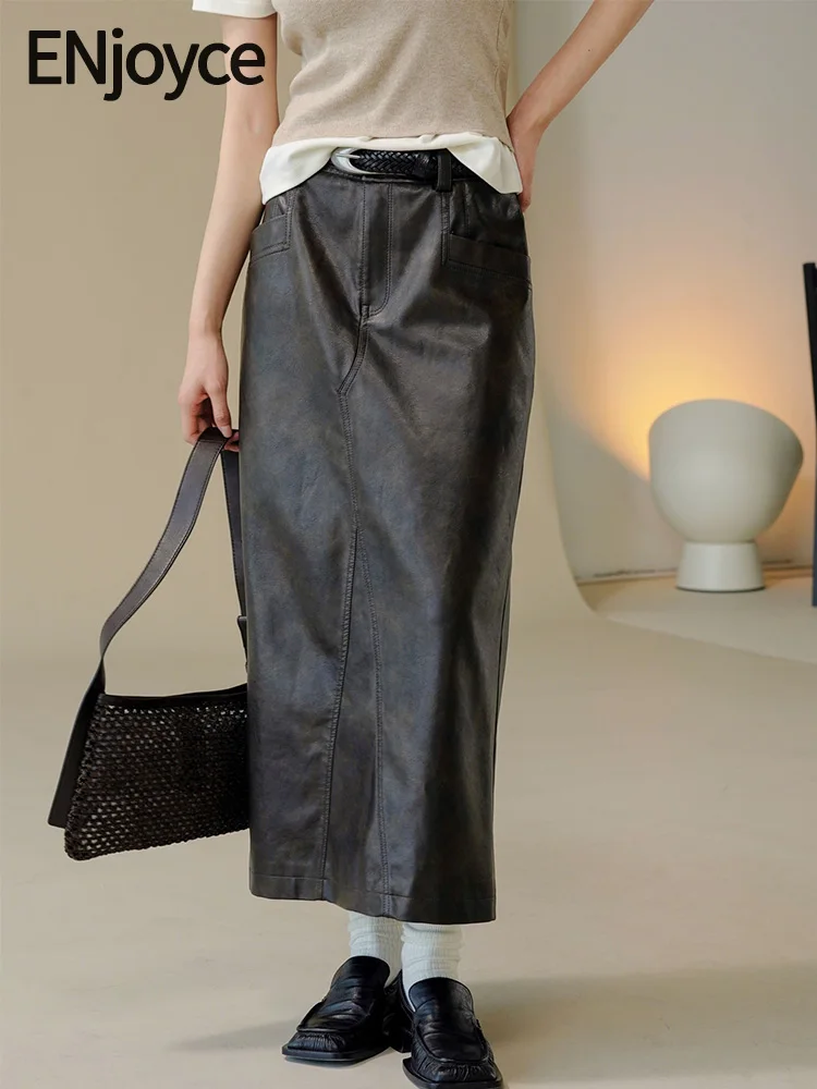 

Women Vintage Artificial Leather Skirts Ladies Korean Fashion PU Dress Up Slim High Waist Split Hem Long Skirts 2024 Spring