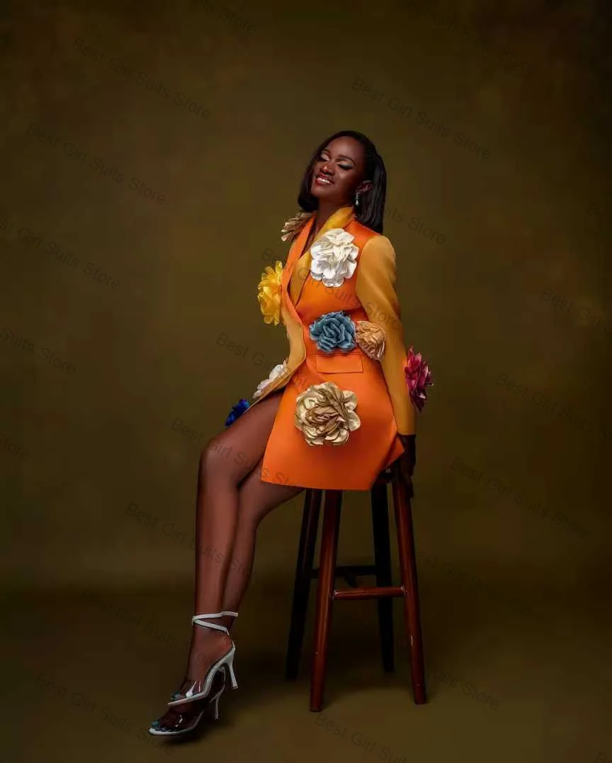 

Yellow Orange Women Suit 1 Pcs Blazer 3D Flower Splicing Colors Formal Office Business Jacket Customized Wedding Guest Coat