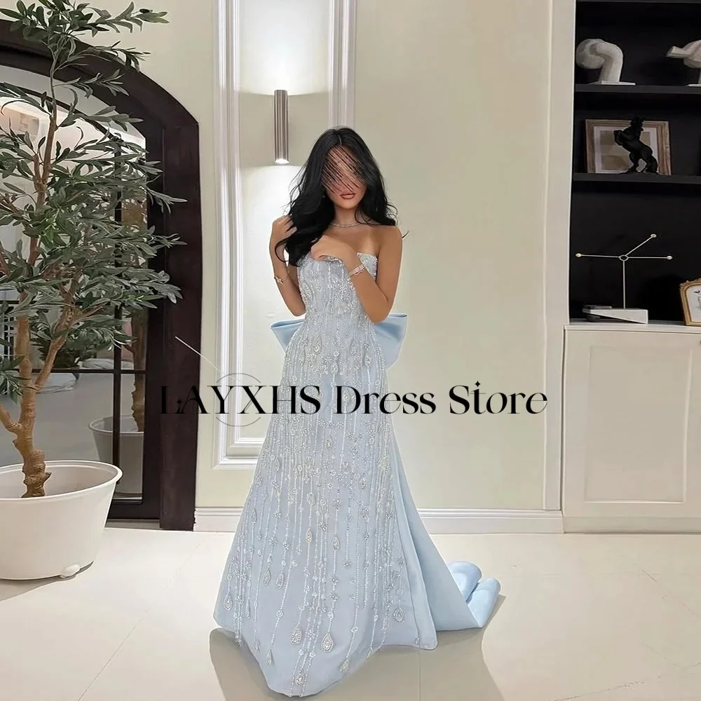 

LAYXHS Luxury Blue Strapless Evening Dresses Mermaid Lace Beaded Back Bow Prom Dresses Customized فساتين سهرات