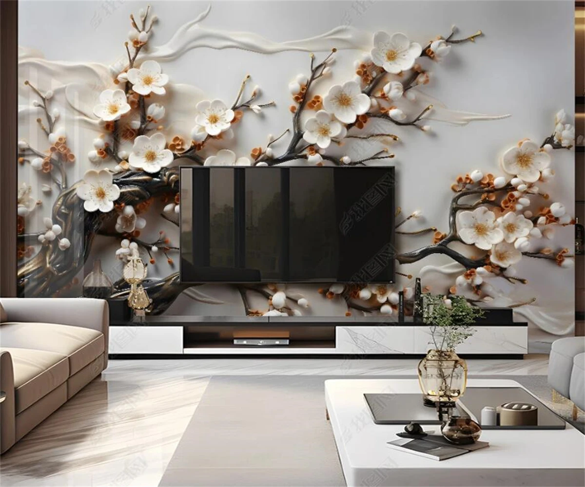 beibehang Customized latest bedroom and living room decoration painting 3D plum blossom new Chinese TV background wallpaper