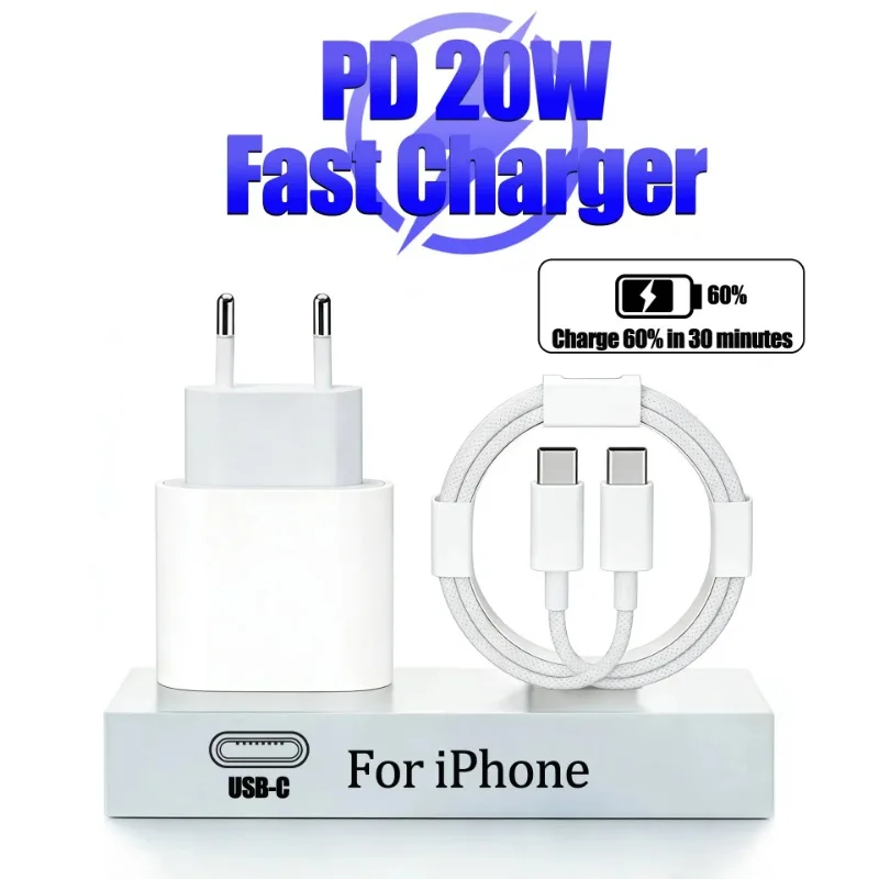 PD 20W USB C Fast Charger For iPhone 17 16 15 14 13 12 11 Pro Max For iPad 5A Quick Charging Data Cable EU US Plug Adapter