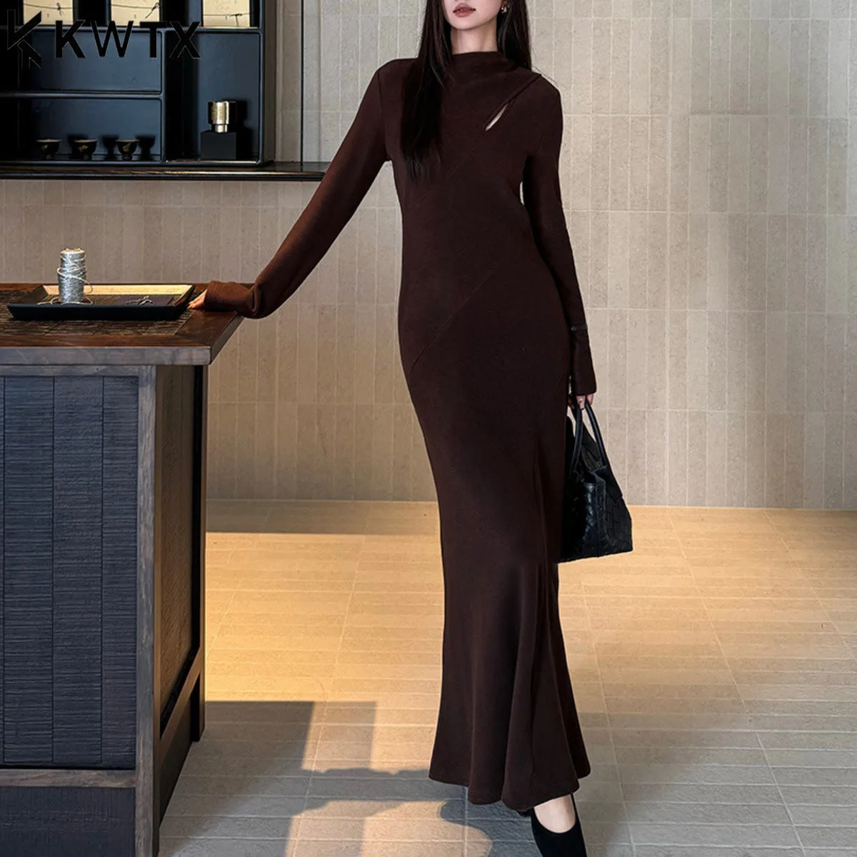 KWTX 2025 nuevo vestido de fiesta elegante Vintage de manga larga Maxi cuello redondo doble botonadura corte Casual sólido Otoño Invierno