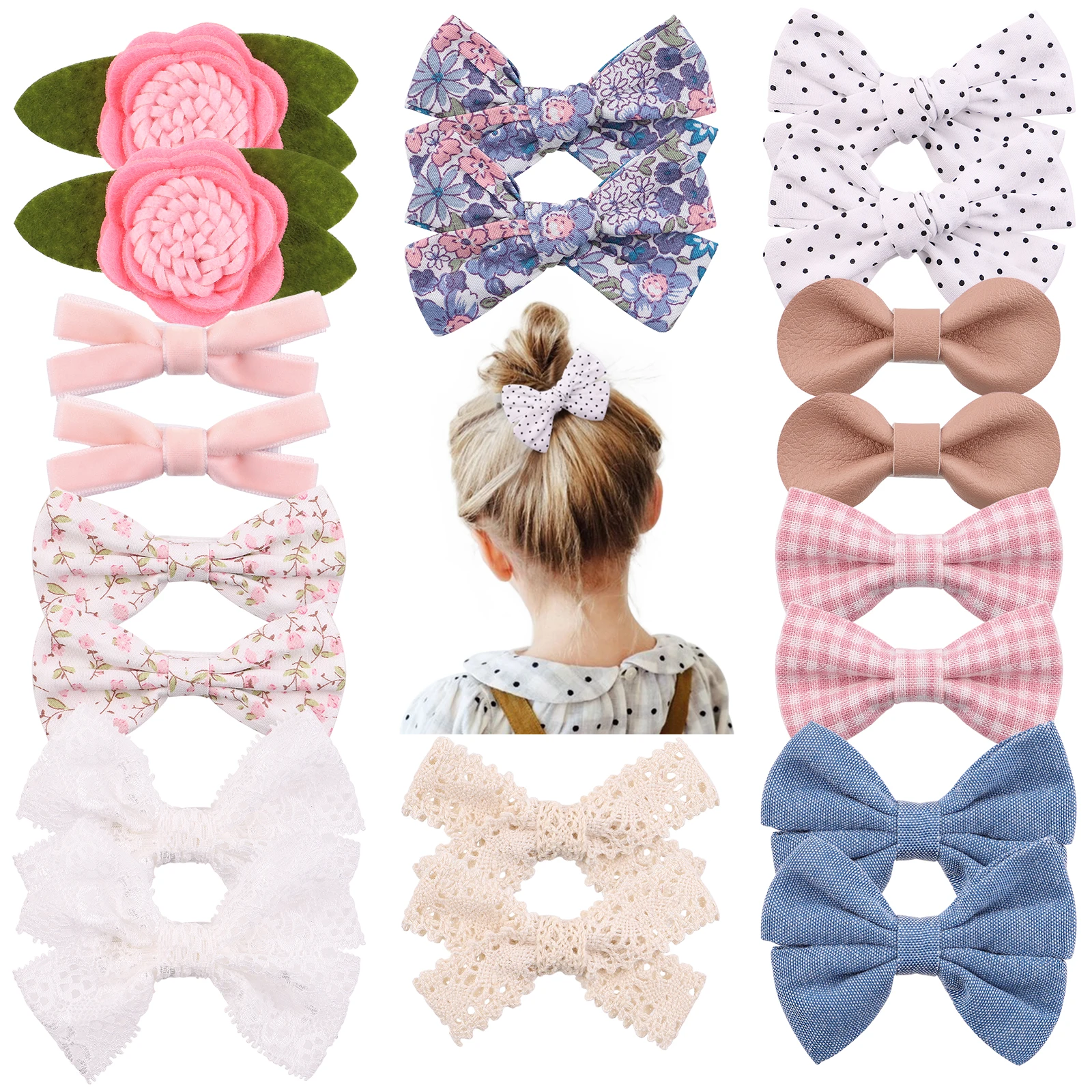 4Pcs/Set Floral Hair Clip Girl Cute Bow Flower Lace Trimming Headwear Cartoon Hair Clips Hairpin Headdress Hair Accessories Set