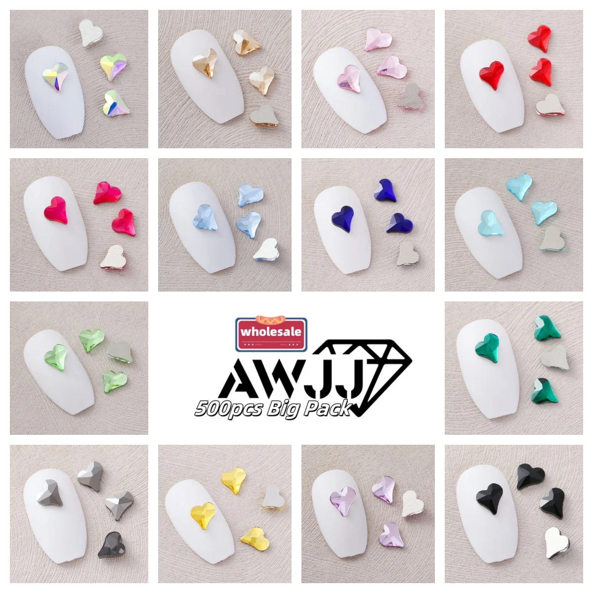 500pcs/pack 6x7mm Tilted Heart-Shaped Nail Drill Gems Designs Precision Cutting Flat bottom Self-Adhesive Nail Art Rhinestone