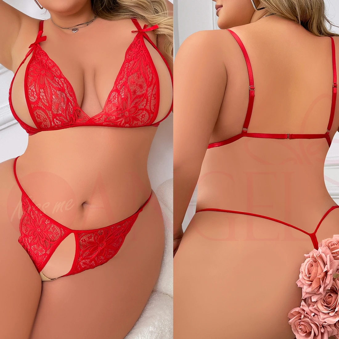 

KISS ME ANGEL Plus Size Lingerie Set For Women Sexy Lace Halter Open Crotch Backless Dress Thin Underwear Set