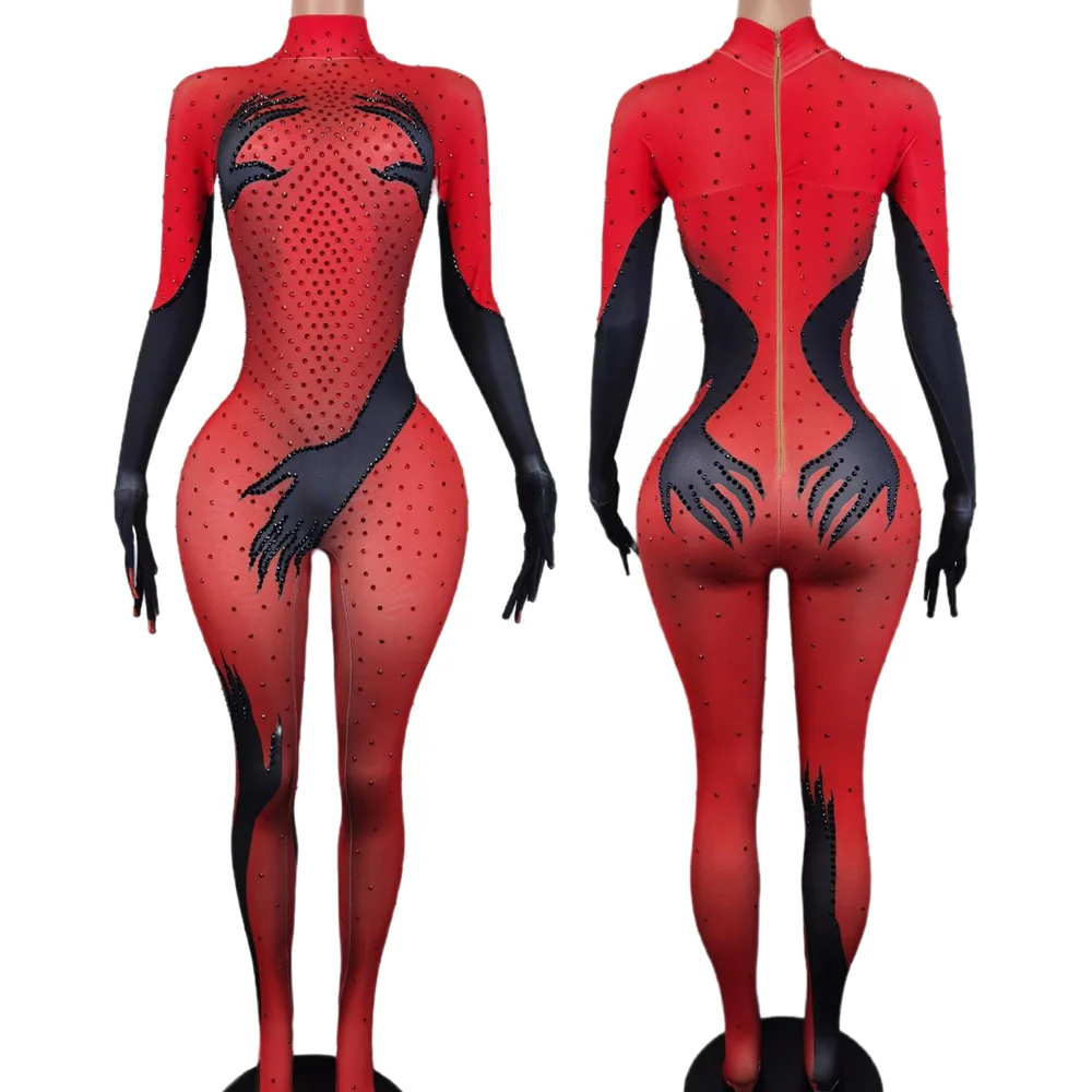 Блестящие комбинезоны со стразами и длинными рукавами, драматический костюм для косплея, женские эластичные комбинезоны для ночного клуба, боди для дрэг-шоу