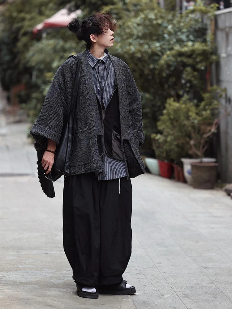 Men's Japanese Vintage Chunky Knit Cardigan Oversized Batwing Sleeve Sweater Fall Winter Cozy Kimono Wrap Coat Tie-Waist Jacket