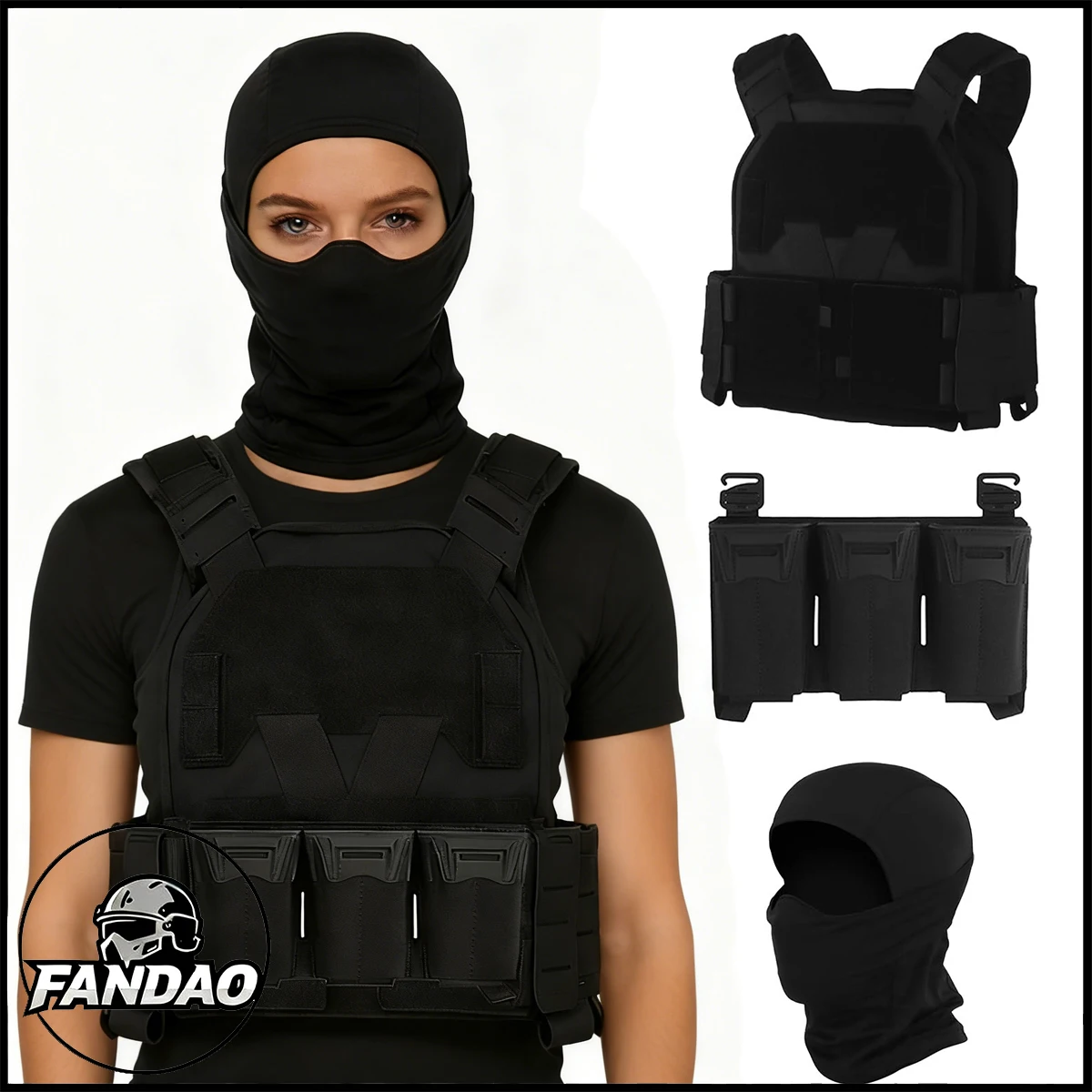 Tactical Hunting Vest Set with Triple Mag Pouch Face Mask Set for Outdoor Activities Airsoft Military Training Survival Games