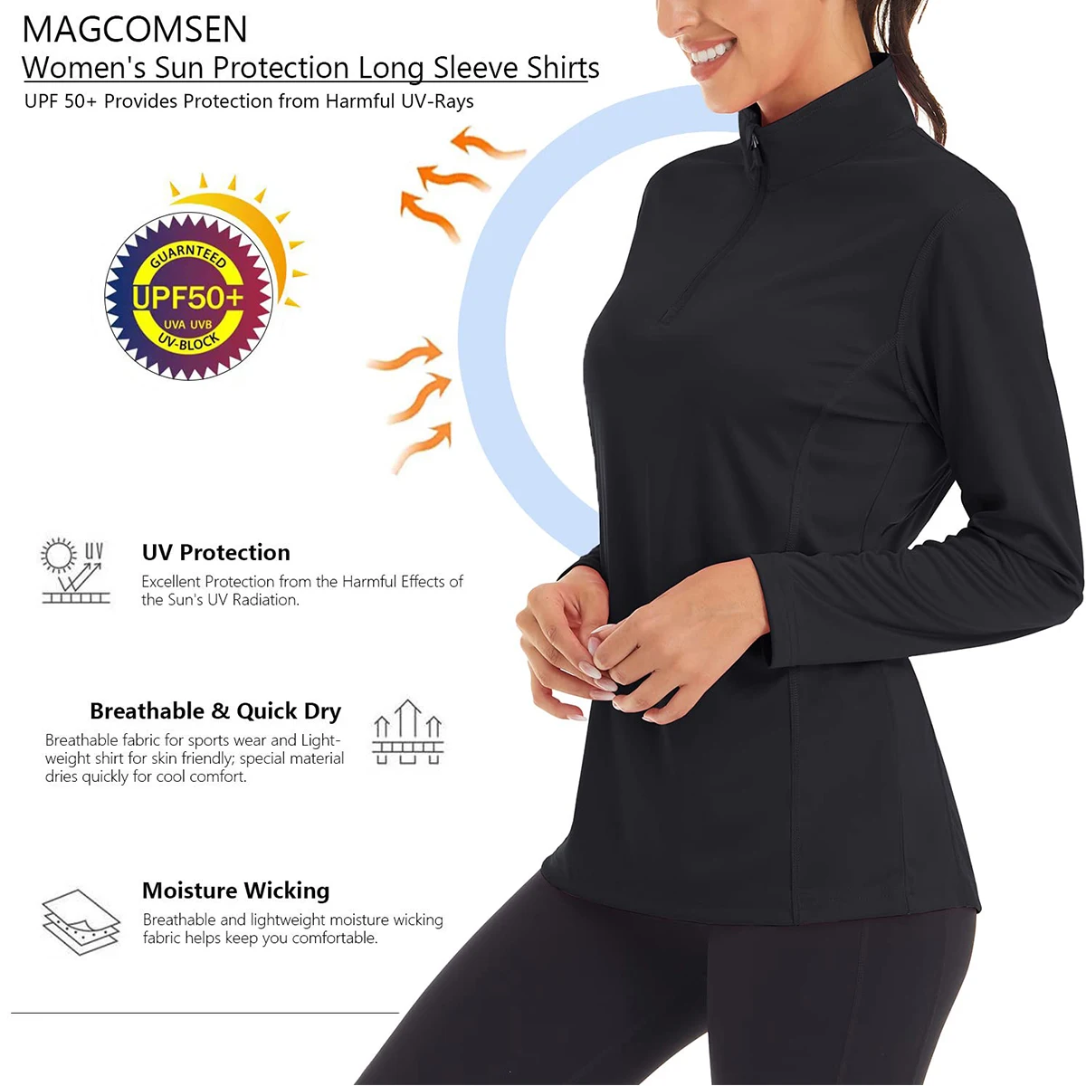 MAGCOMSEN Women\'s UV Protection Quarter-Zip T-Shirt UPF50+ Moisture Wicking Hiking Shirt Quick Dry Athletic Summer Tee