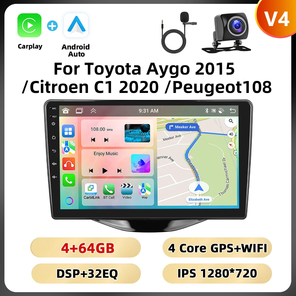 Podofo 8Core 2Din Autoradio Voor Toyota Aygo 2015/Citroen C1 2020/Peugeot 108 Multimedia Speler navigatie WIFI 4G Carplay DSP