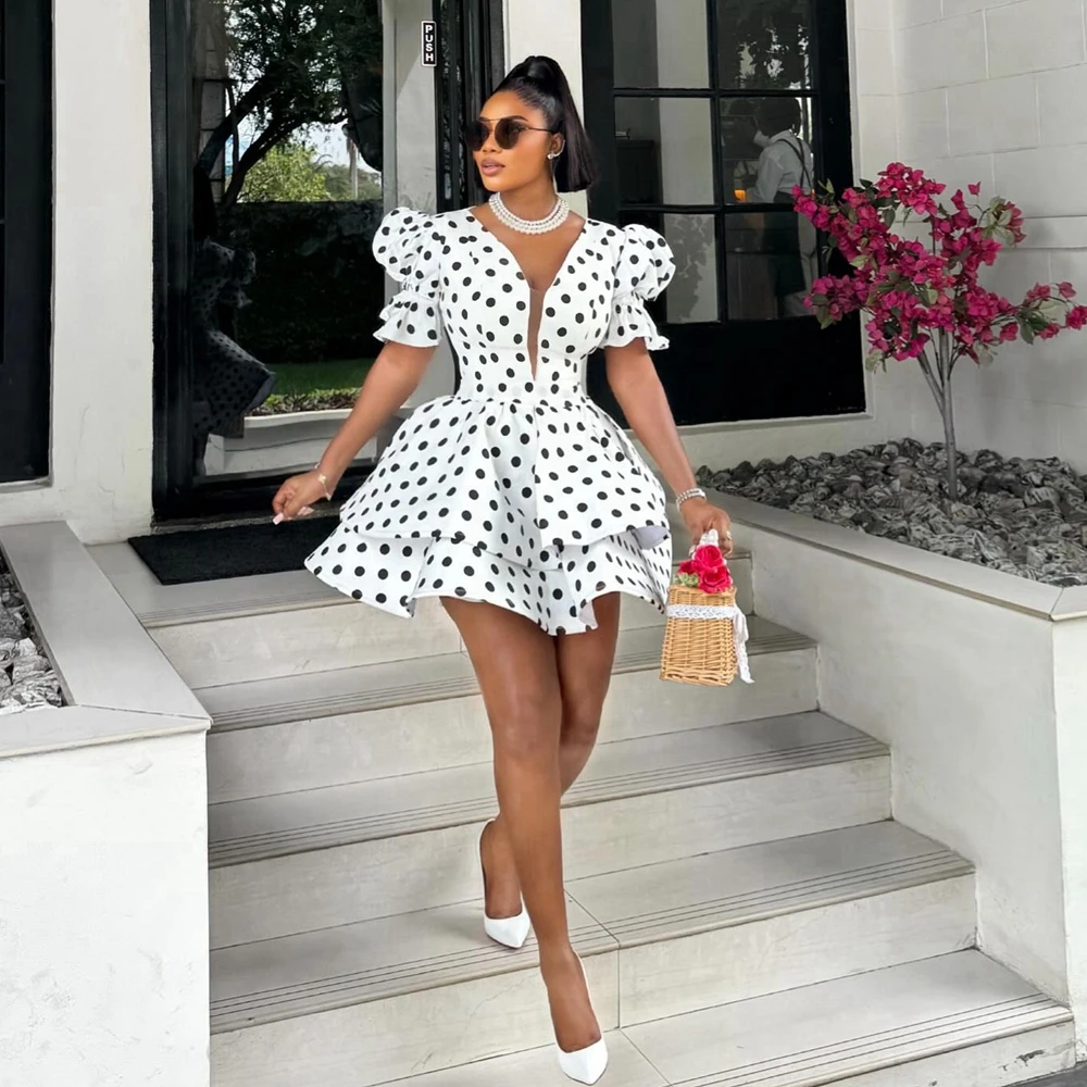 

Elegant White Polka‑Dot Mini Cocktail Dress with Bubble Sleeves Deep V‑Neck Satin Layered Summer Party Dress A‑Line Prom Gown