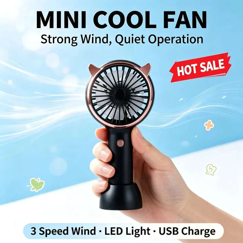 Cat Ear Fan Mini Handheld LED Light 3 Speed USB Rechargeable Portable Quiet Desk Fan With Base for Travel Concert Gift view 2