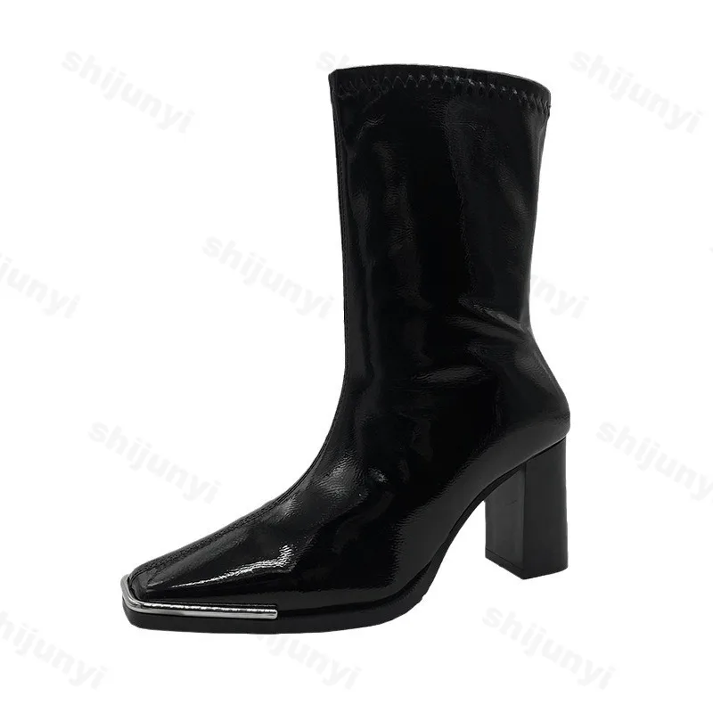 Patent Leather High Heels Short Boots Women 2025 Autumn Square Toe Slip-on Ankle Botas Woman Thick Heeled Pumps Ladies Booties image 5
