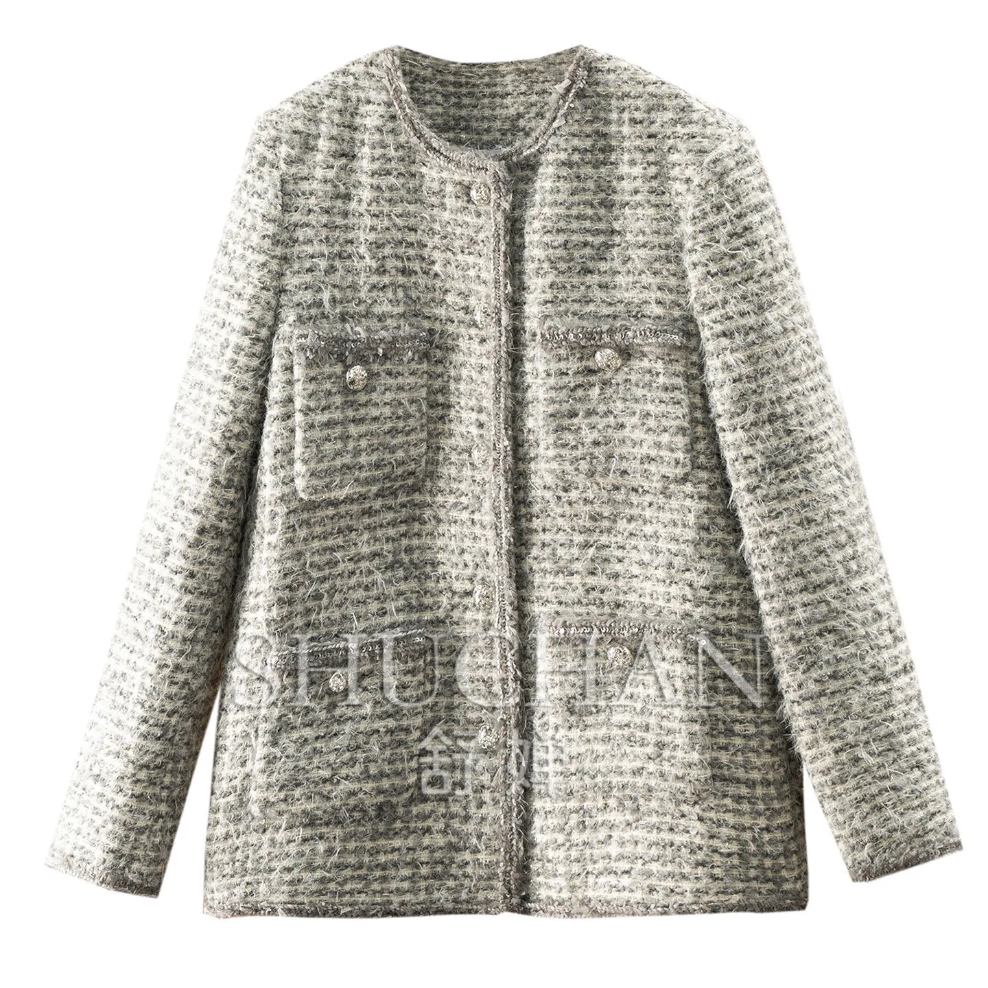 Galaxy Grey, Collection Small Fragrance Containing Wool Tweed Coat Jacket Female 72J2 Abrigos Mujer Invierno 2026