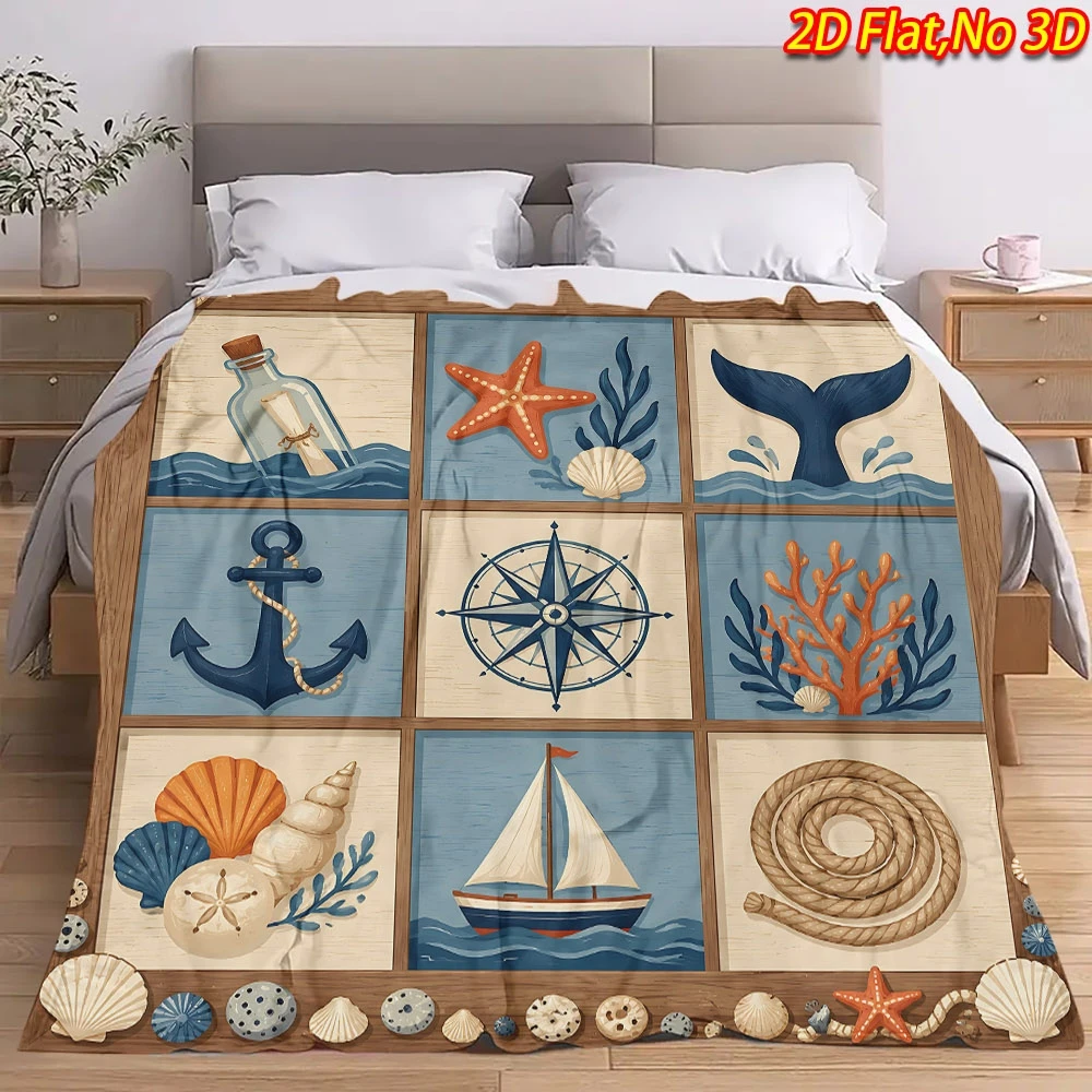 Vintage Nautical Anchor Starfish Sailboat Grid Print Flannel Blanket Soft Throw For Sofa Bedroom Ocean Decor Home Gift Ideas
