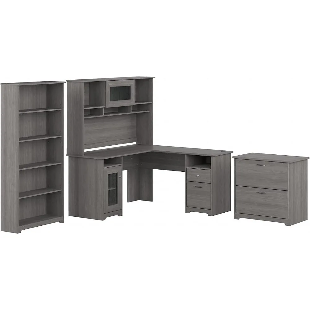 

L Shaped Desk with Hutch, 5 Shelf Bookcase and Lateral File Cabinet | Cabot Collection Corner Computer Table with Storage