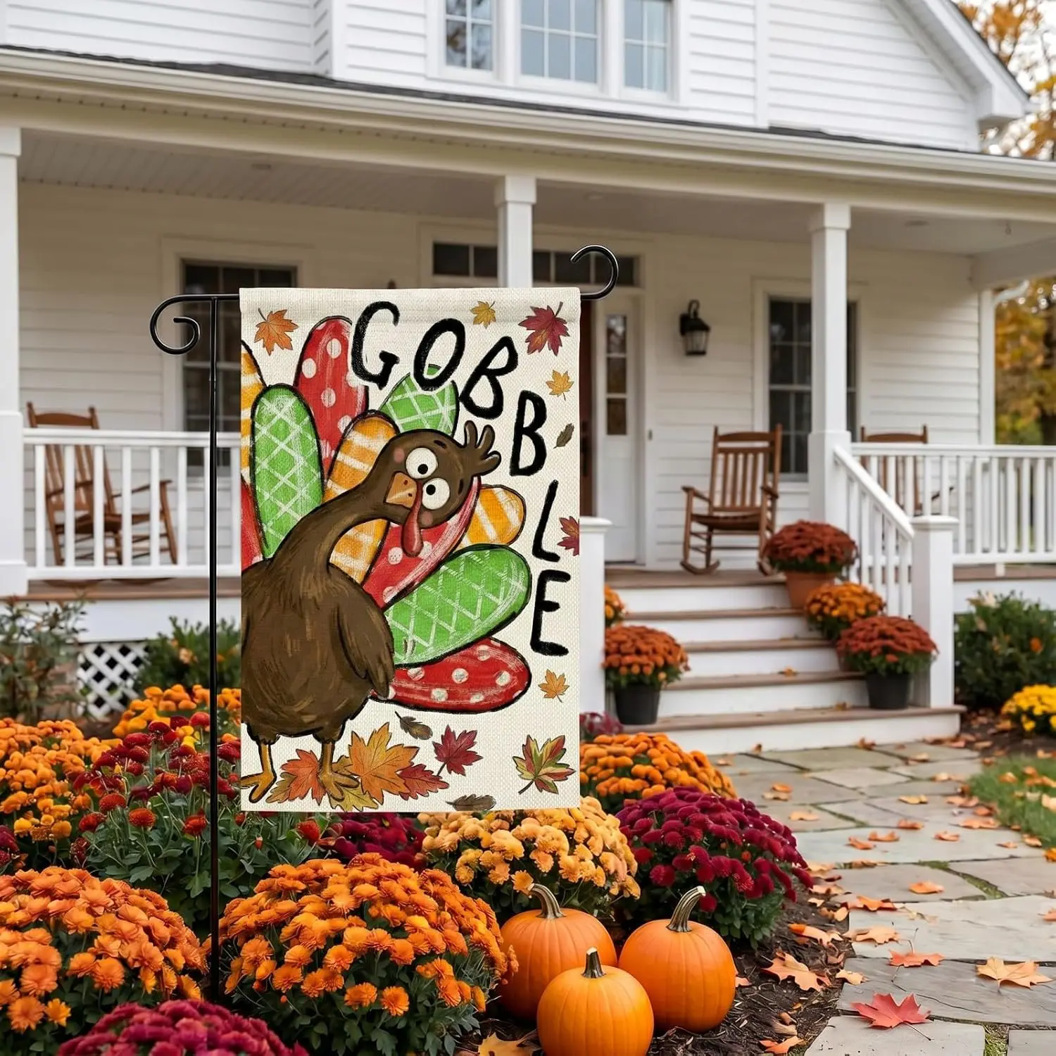 Gobble Turkey Garden Flag 12 x 18 Inch Double Sided Funny Thanksgiving Fall Outdoor Yard Decor for Porch Patio Lawn Autumn H llp