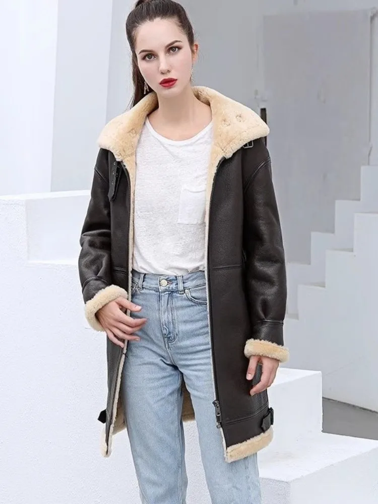 Street Winter Women Thicken Warm Lambwool Genuine Leather Jacket Zipper Middle Length Real Fur Coat Female Shearling Overcoat