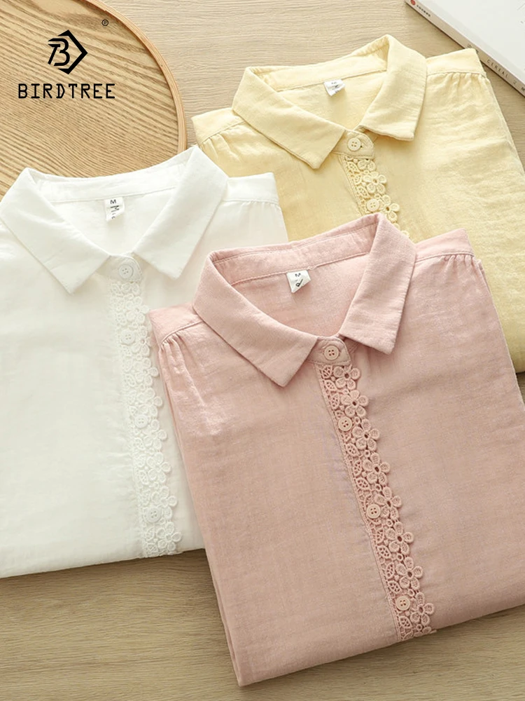 

Новая женская хлопковая блузка с длинным рукавом на весну 2026 года, с отложным воротником и кружевом, в стиле Mori Girl, французская простота, свободный крой T63126CC