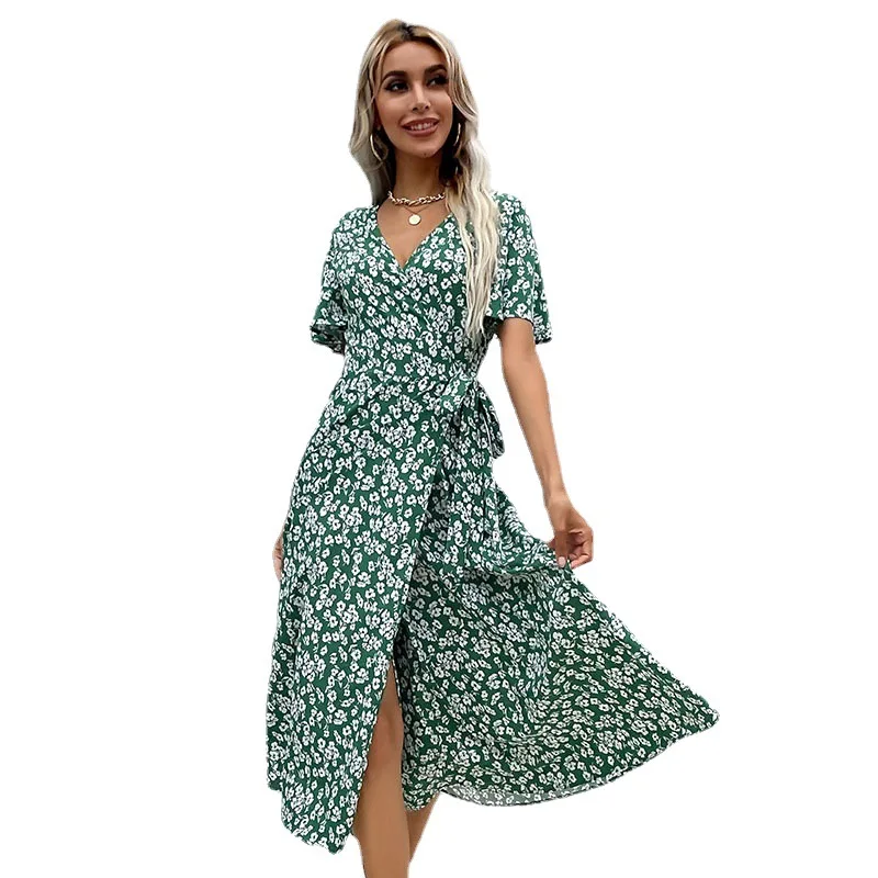 Slit Dresses Daily Short Sleeve V Neck Seshes Floral Print Green Prairie Chic Style Midi Dress Women Fashion Elegant Robe Femme