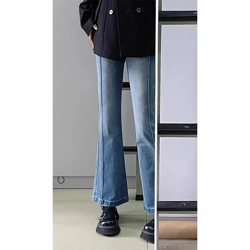 High Waist Bell Bottom Denim Jeans Women's Slim Fit Stretchy Blue Cotton Elastic Spring New Style Wear Resistant Long Pants