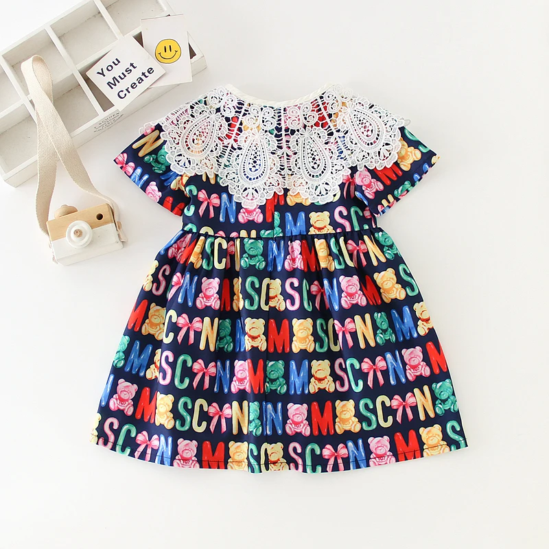 Summer 2024 Girls Dress Girls Cute Dress Strap Fashion Bear Letter Print Designer Layered Evening Party Dresses Vestidos 3-7age