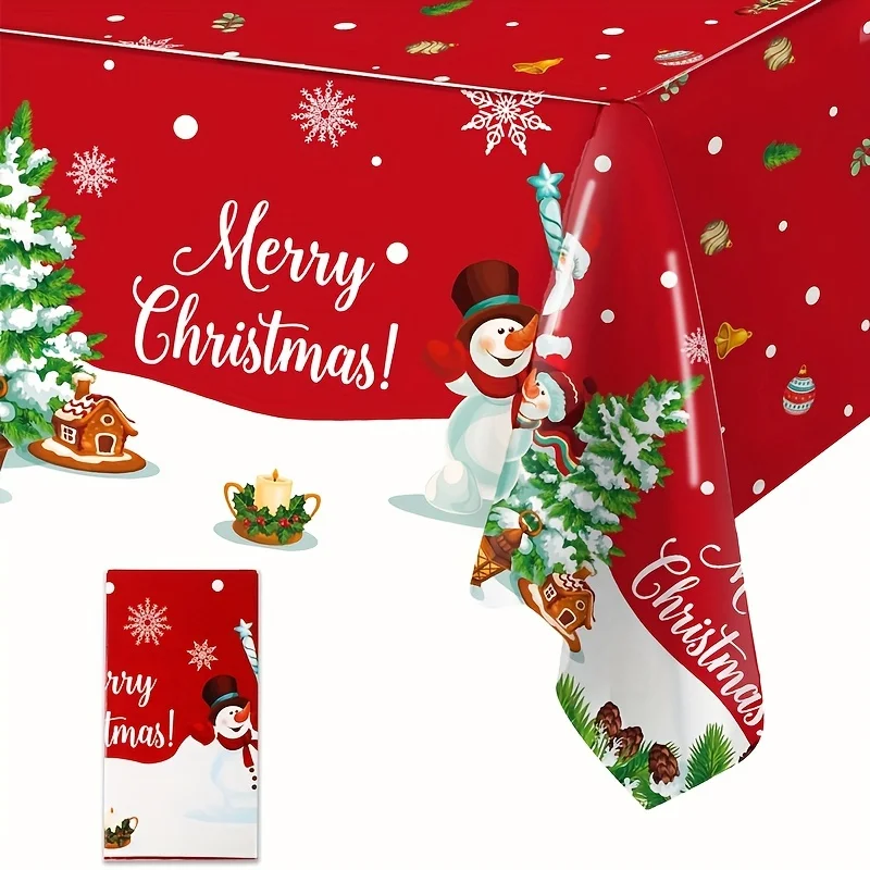 1pc, Christmas PE Tablecloth, 86.61 X 51.18inch, Santa Claus Snowman Christmas Tree Design Disposable Table Cover, Merry Christm