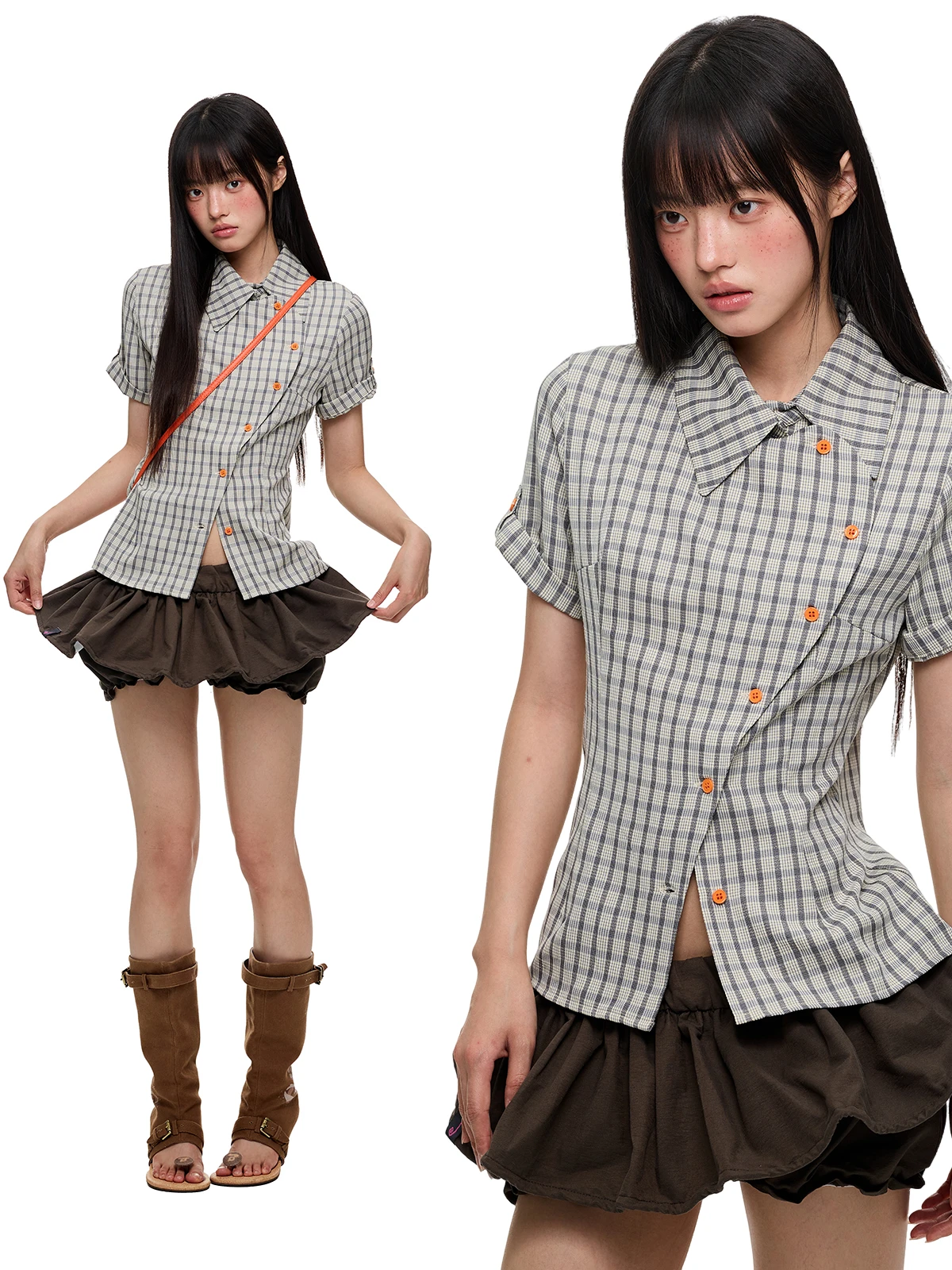 

JIKOO Orange Caramel Sle Women's Slim Fit irt ort Sve Waist Cinched Miu Series Top Original Design Polyester Blend