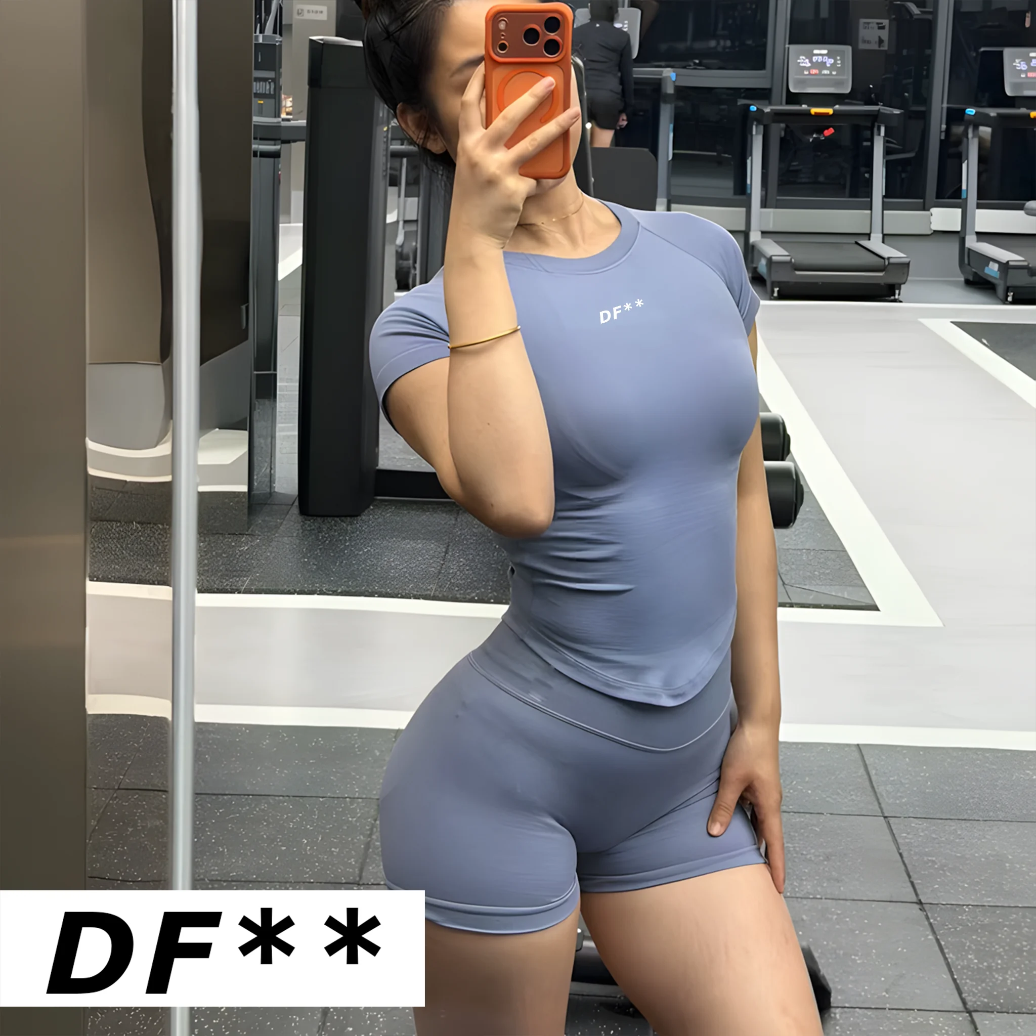 DF LOGO Women Seamless 2‑Piece Yoga Set Short Sleeve Top High Waist Shorts Quick Dry Elastic Gym Workout Running Fitness Suit