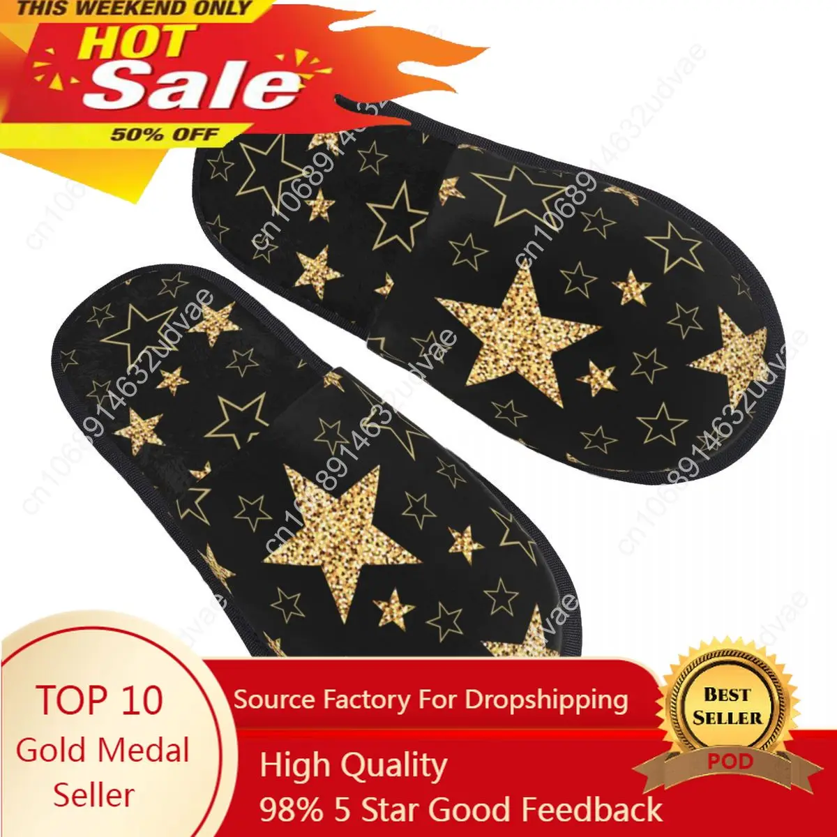 

Winter Slipper Woman Man Fashion Fluffy Warm Slippers Golden Stars Black Background House Slippers Funny Shoes