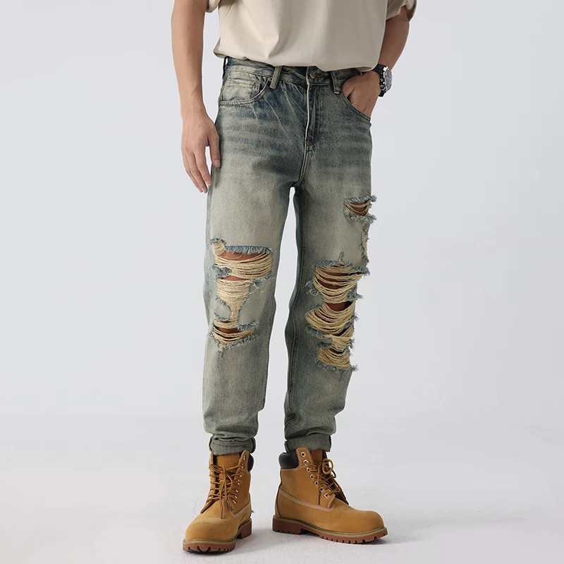 European and American  2024 New Loose Straight  Summer Thin Style Summer Jeans Beggar Ripped Jeans Men Clothing  Baggy Jeans