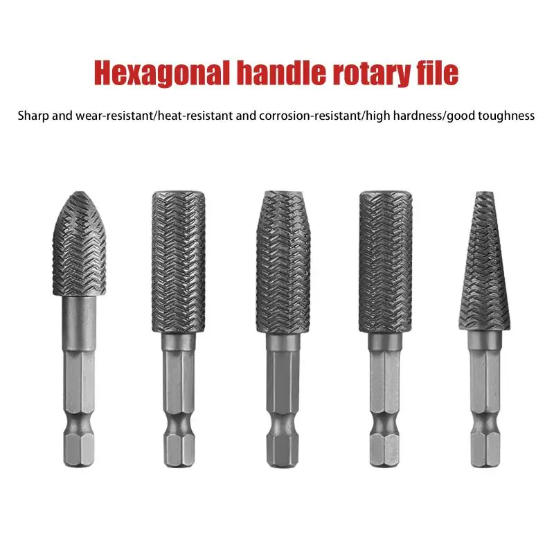 5Pcs Hex Shank Head Tungsten Carbide Steel Rotary Burr Die Grinder Bit Shank Carving Kit For Mold Polishing Grinding Tool