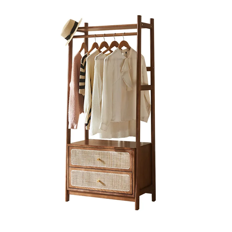 

Solid wood floor-to-ceiling hanger Bedroom multifunctional with drawers Storage rattan coat rack