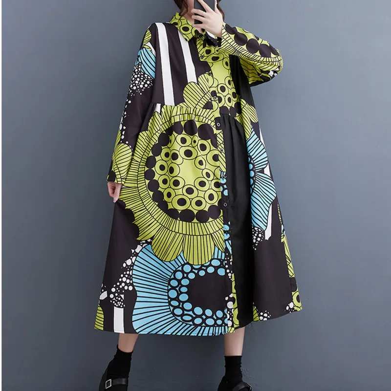 #4022 Green Yellow Printed Shirt Dress Split Joint Vintage Shirt Dress Women Turn-down Collar Retro Long Shirt Dress Autumn 2023