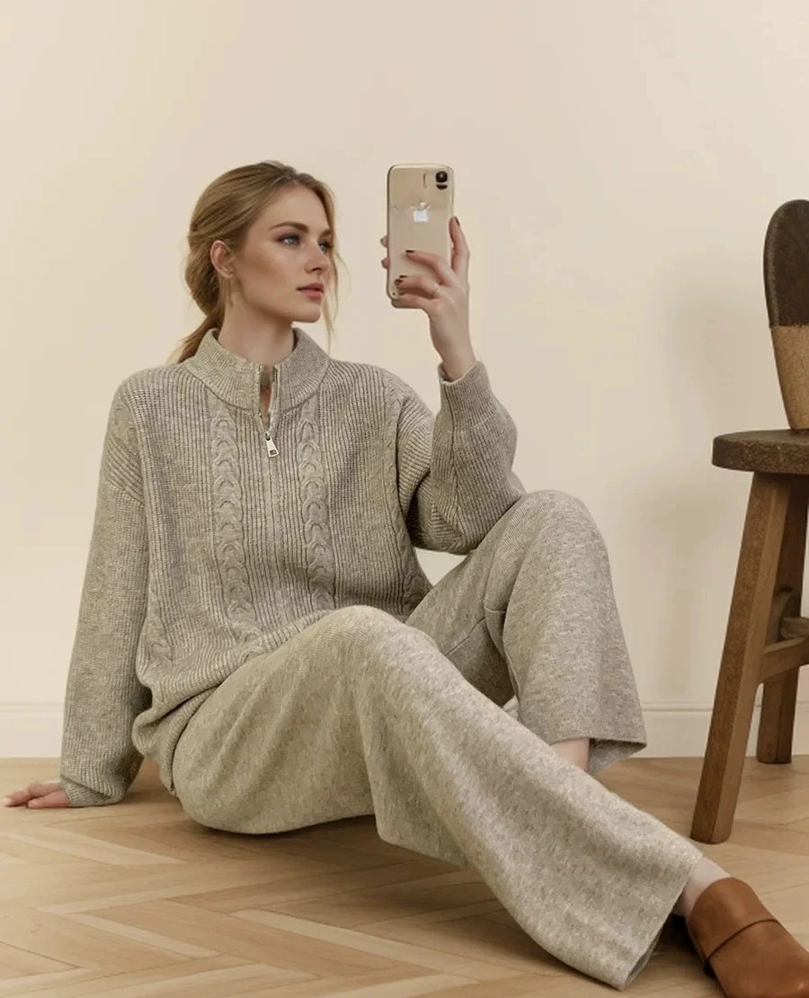 طقم سترة محبوكة بسحاب وبنطلون طويل للنساء، مجموعة خريفية أنيقة بأكمام طويلة وياقة عالية من قطعتين