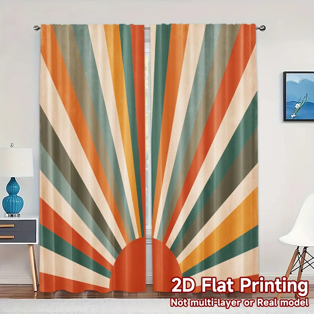 2pcs, 2D FLAT PRINTING Curtains (Without Rod) Retro Sunrise(1) Modern Curtain Fabric Yarn Curtains Decorations Outdoor Suitable