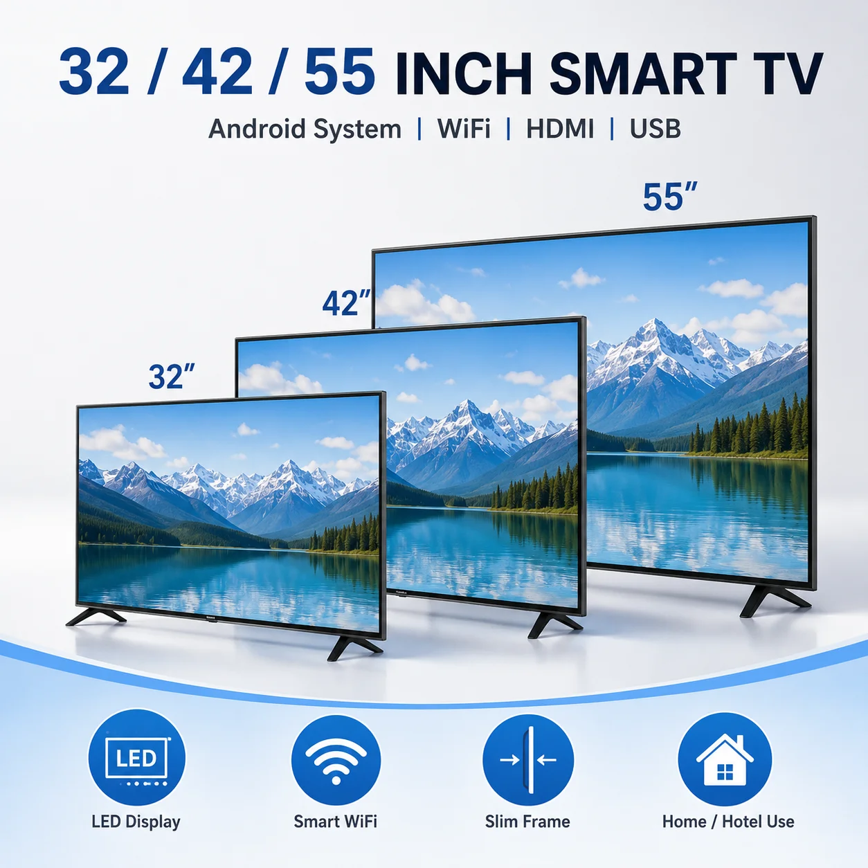 32 42 55 Inch Smart TV Android LED Television WiFi HDMI USB Full HD Home Hotel Bedroom Living Room Screen Cast TV