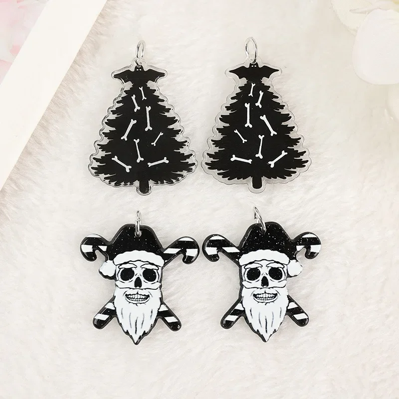 Christmas Charms Double Sided Acrylic Black Skull Santa Claus Bone Bat Christmas Tree Pendant DIY Fashion Accessories