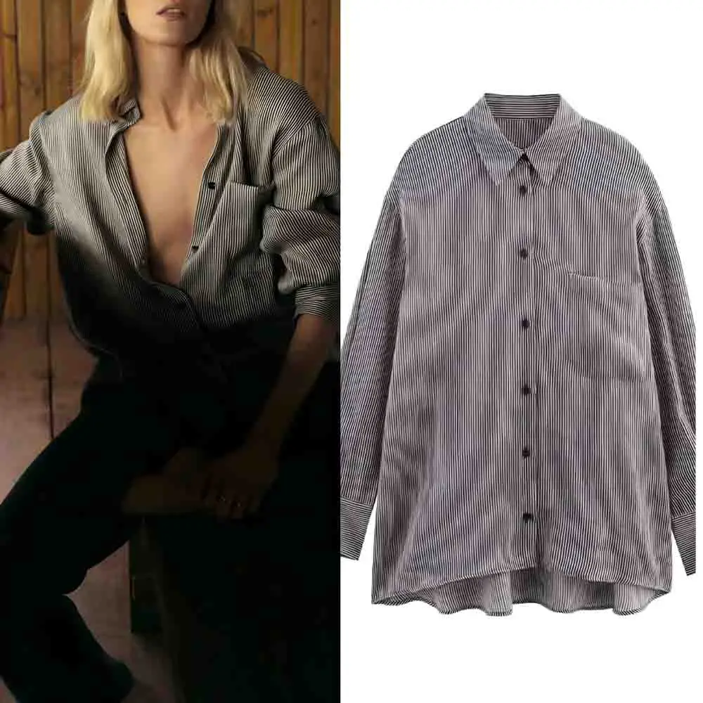 

Women's new fashion pocket decoration loose linen blend striped shirt retro long sleeved Button-up women's shirt chic top