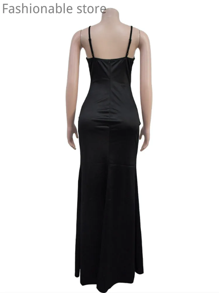 Women's Sexy Sleeveless Satin Party Dress Solid Color Deep V Neck Spaghetti Strap Sequin Decor Floor-length Dress