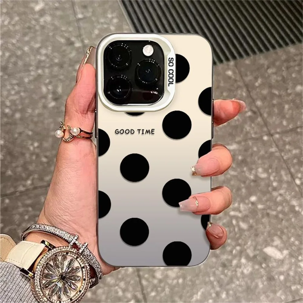 

Luxury Silver IMD Case For iPhone 16 Pro Max 15 14 13 12 11 16Pro 15Pro ProMax Hard PC Black Love Heart Polka Dot Pattern Cover