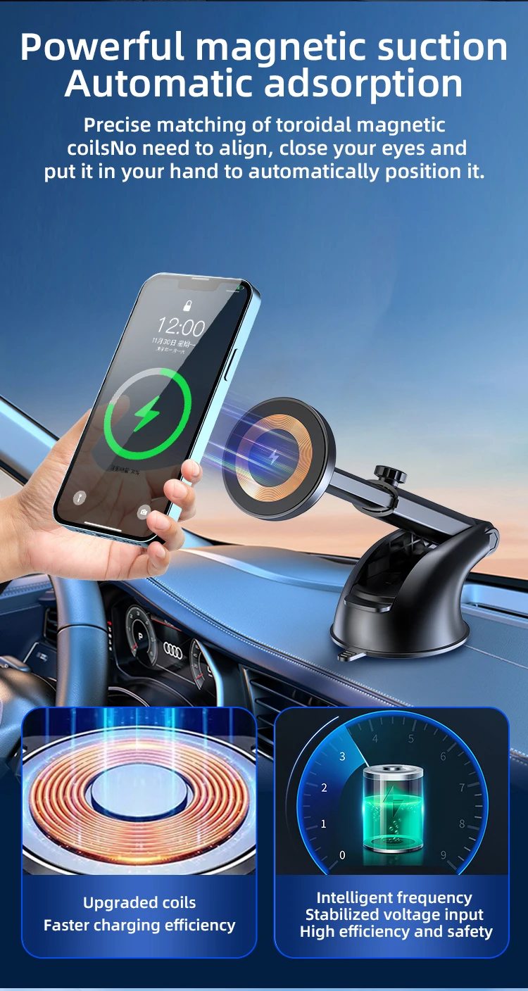 

15W Strong Magnet Wireless Charging Car Phone Holder Stand Outlet Suction Cup Vent Board Support Tool for Magsafe Android