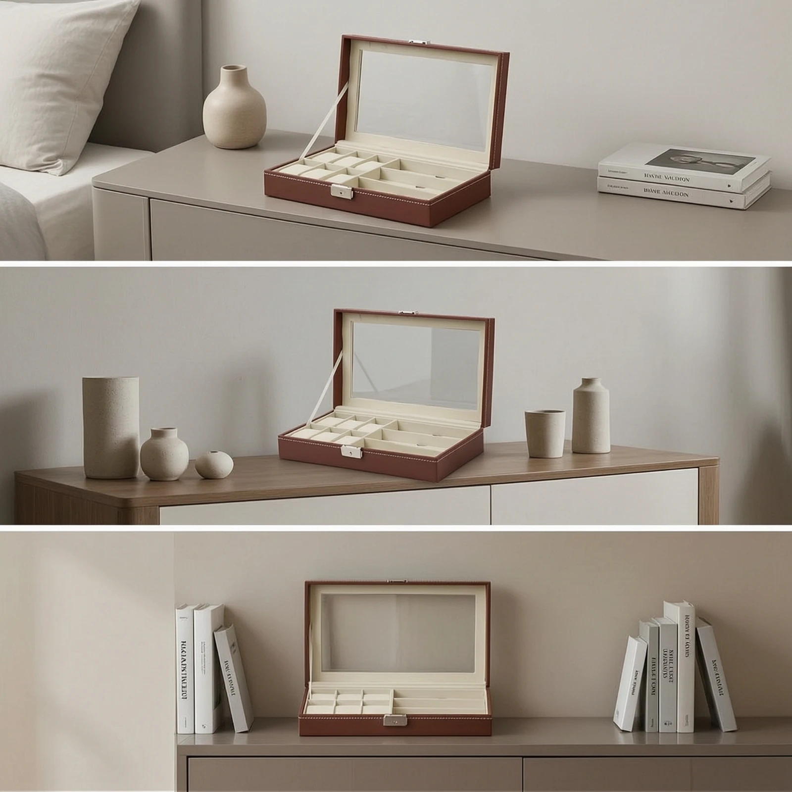 Glasses Storage Box with Compartments Segmented Sunglass Organizer with Glass-Style Top Sunglasses Organizer Leatherette