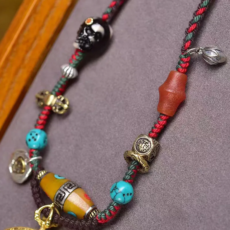 -woven rope necklace with agate bone accessories, hand-painted mandala thangka and six-character mantra pendant