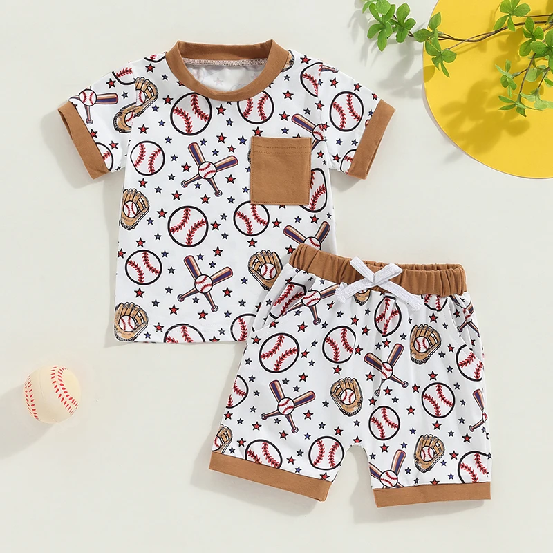 

2024-05-05 Lioraitiin 0-3Y Toddler Boy Baseball Outfit Short Sleeve Round Neck Pocket T-Shirt with Elastic Waist Shorts