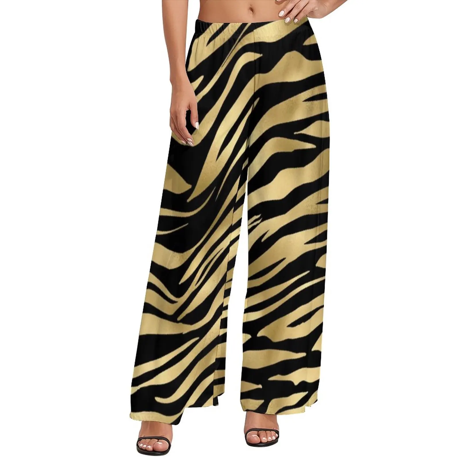 Black And Gold Tiger Print Pants High Waisted Animal Fur Stripes Workout Trousers Streetwear Printed Wide Leg Pants