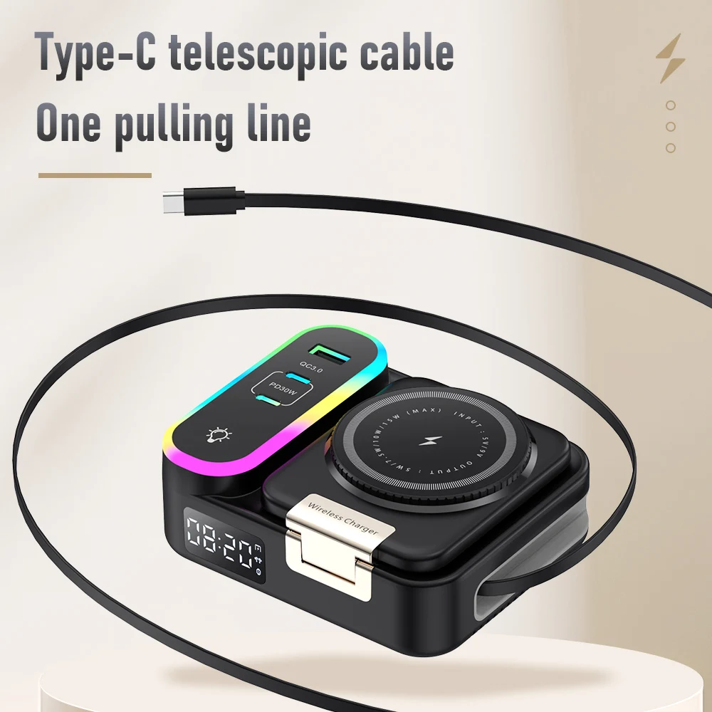 

Беспроводная быстрая зарядка 15 Вт. Универсальное магнитное беспроводное зарядное устройство с выдвижным кабелем. Цифровые часы и складной подставкой.