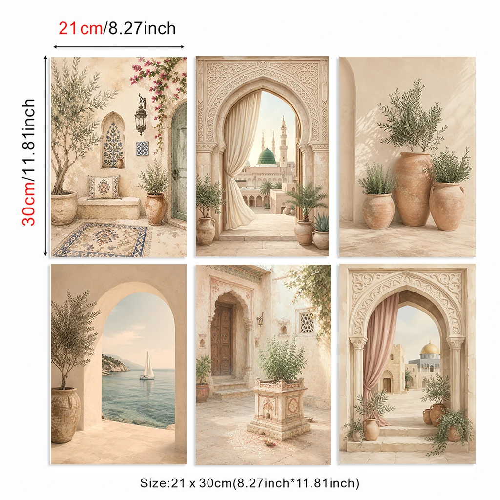 Set of 6 Arch Trees Floral Mediterranean Courtyard Carved Door Olive Tree Terracotta Modern Arch Floral Canvas Poster Wall Art