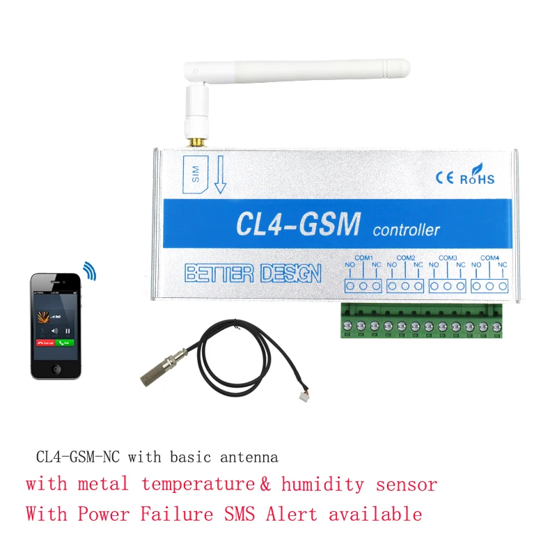 Sms gsm 4ch interruptor do relé remoto controlador CL4-GSM portão abridor de porta suporte temperatura umidade monitor falha energia alarme