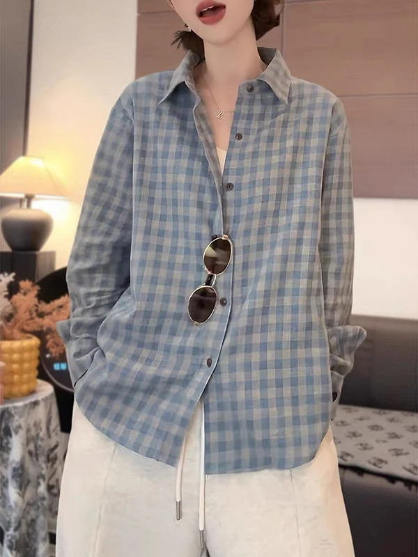 

Spring 2026 Women's Plaid Long Sleeve Shirt Thickened Retro Hong Style Layering Base Top Warm Breathable Korean Version Loose...